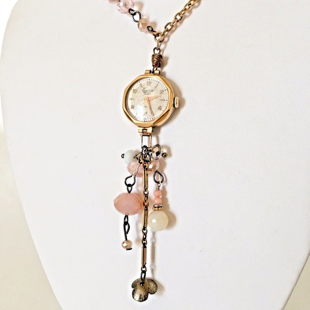 VTG Victorian Wedding Necklace Watch Pendant Gold Tone Steampunk Handmade 3 Pink